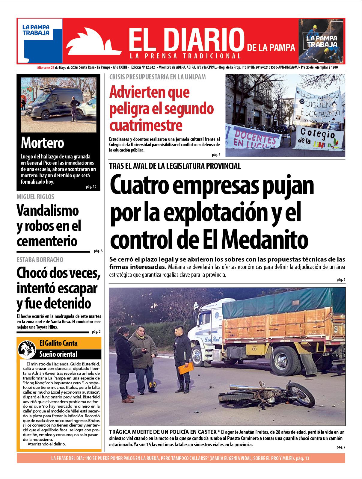 Tapa de El Diario en papel  mieacutercoles 27 de mayo de 2026